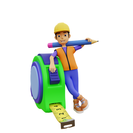 Male construction worker with measure tape 3D Illustration