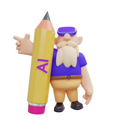 Male Content writer wearing VR headset and Standing with holding a AI tag written on a pencil  3D Illustration