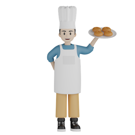 Male cook holding doughnut plate  3D Icon