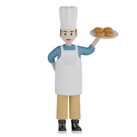 Male cook holding doughnut plate  3D Illustration