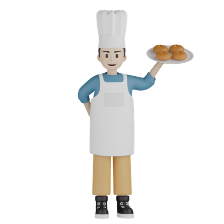 Male cook holding doughnut plate  3D Illustration