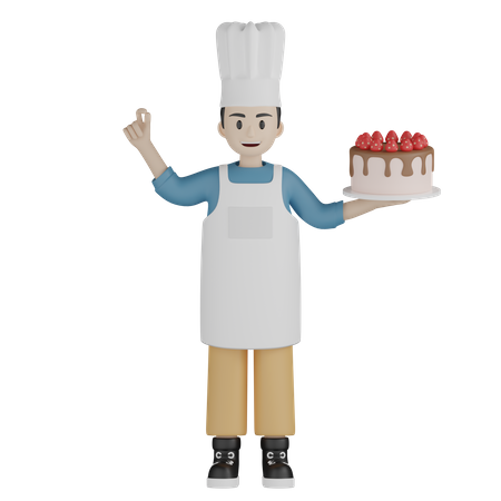 Male cook showing nice gesture while holding cake  3D Icon