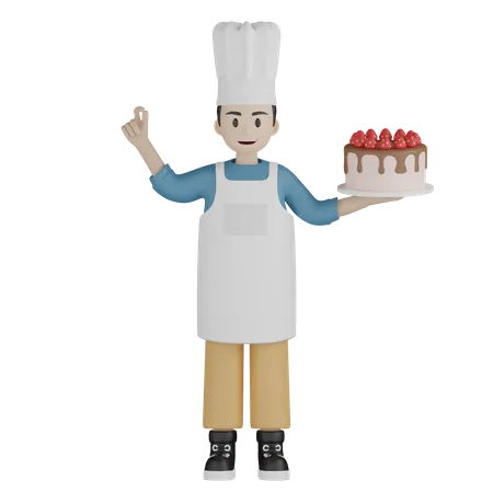 Male cook showing nice gesture while holding cake  3D Illustration
