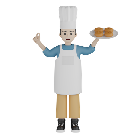 Male cook showing nice gesture while holding donut plate  3D Illustration