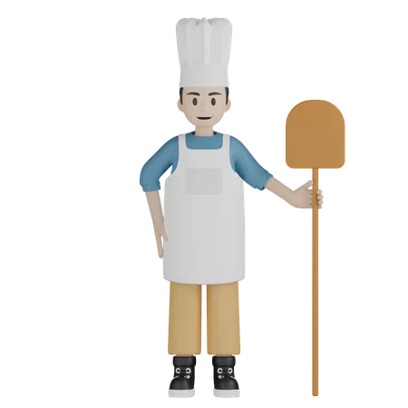 Male cook standing and holding shovel  3D Illustration
