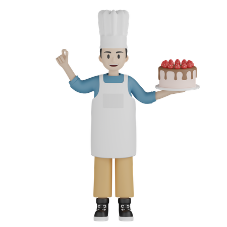 Cuisinier masculin montrant un geste agréable tout en tenant le gâteau  3D Illustration