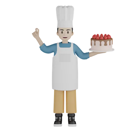 Cuisinier masculin montrant un geste agréable tout en tenant le gâteau  3D Illustration