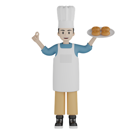 Cuisinier masculin montrant un geste agréable tout en tenant une assiette de beignets  3D Illustration