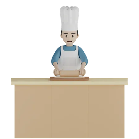 Cuisinier masculin pâte à rouler à l'aide d'un rouleau à pâtisserie  3D Illustration