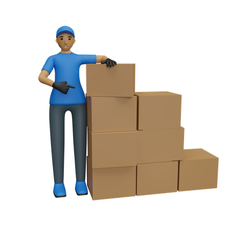 Male delivery person pointing finger at boxes  3D Illustration