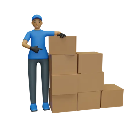 Male delivery person pointing finger at boxes  3D Illustration
