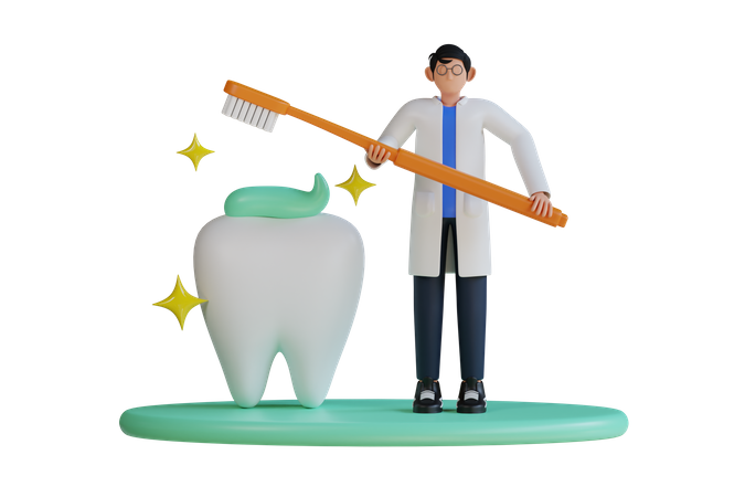 Male Dentist cleaning tooth  3D Illustration