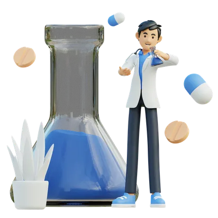 Male doctor brought a laboratory flask  3D Illustration