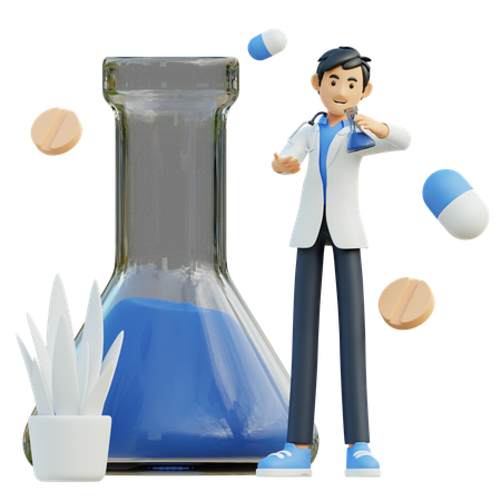 Male doctor brought a laboratory flask  3D Illustration