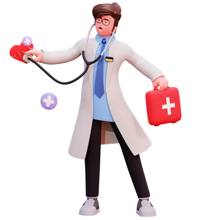 Male Doctor checking heart beat  3D Illustration