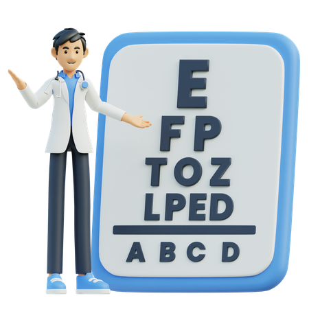 Male doctor eye test using an eye chart  3D Illustration