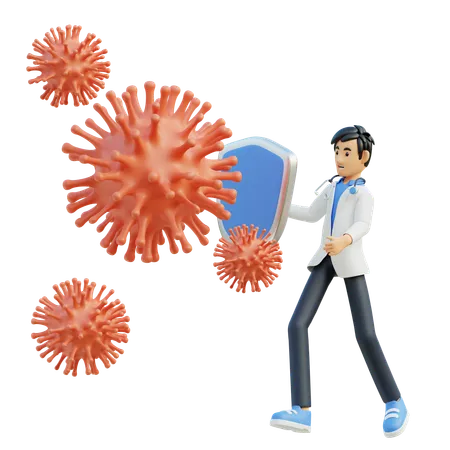 남자 의사가 바이러스와 싸우다  3D Illustration