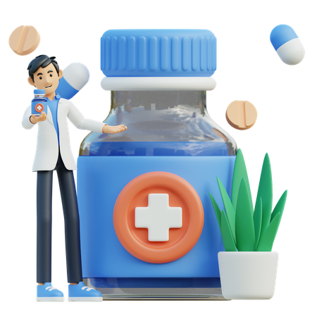 Male doctor gives medicine bottle  3D Illustration