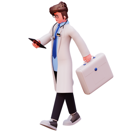 Male Doctor holding briefcase with using phone  3D Illustration