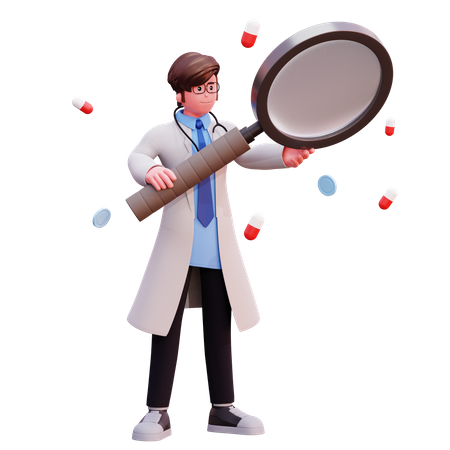 Male Doctor holding magnifier glass  3D Illustration