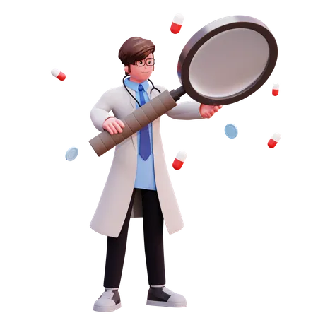 Male Doctor holding magnifier glass  3D Illustration