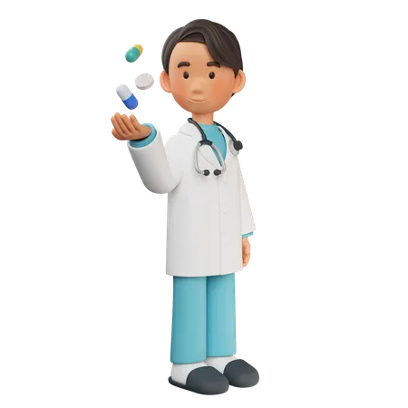 Male Doctor Holding Medicine In One Hand  3D Illustration