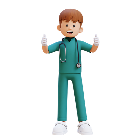 Male Doctor In Green Scrubs Giving Two Thumbs Up  3D Illustration