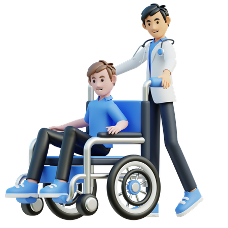 남자 의사가 환자에게 휠체어를 쓰라고 밀었다  3D Illustration