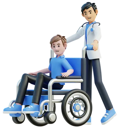 남자 의사가 환자에게 휠체어를 쓰라고 밀었다  3D Illustration