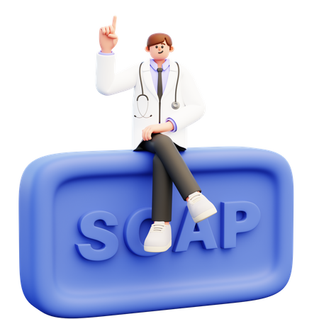 Male Doctor Sitting On Big Piece Of Soap  3D Illustration