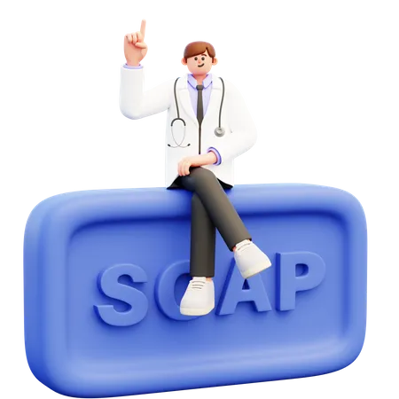 Male Doctor Sitting On Big Piece Of Soap  3D Illustration
