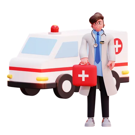 Male doctor standing near ambulance with medical kit  3D Illustration