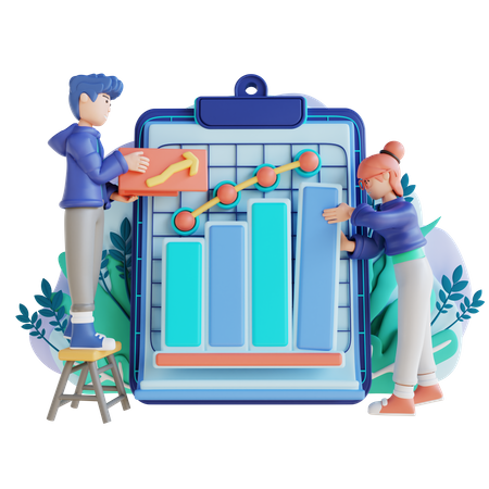 Male employee and young girl making growth report  3D Illustration