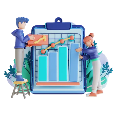 Male employee and young girl making growth report  3D Illustration