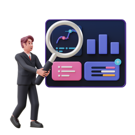 Male employee doing research on business growth  3D Illustration