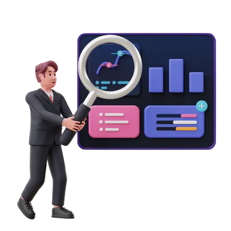 Male employee doing research on business growth  3D Illustration