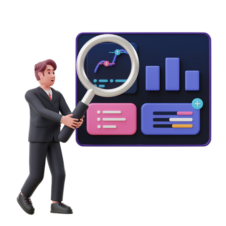 Male employee doing research on business growth 3D Illustration