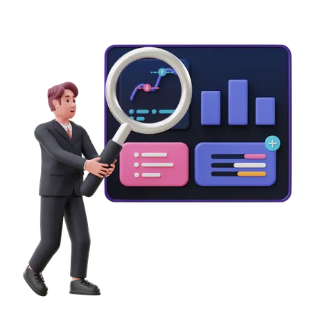 Male employee doing research on business growth 3D Illustration