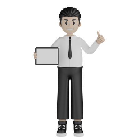 Male employee holding board with thumb up  3D Illustration