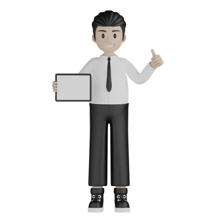 Male employee holding board with thumb up  3D Illustration