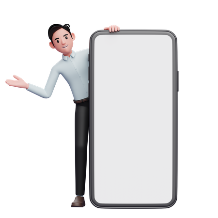 Male employee with phone in hand standing behind big mobile screen  3D Icon