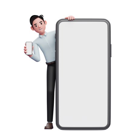 Male employee with phone in hand standing behind big mobile screen  3D Illustration