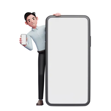 Male employee with phone in hand standing behind big mobile screen  3D Illustration