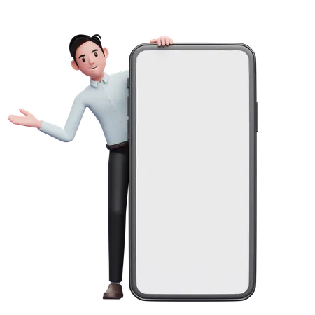 Male employee with phone in hand standing behind big mobile screen  3D Illustration