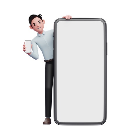 Male employee with phone in hand standing behind big mobile screen 3D Illustration