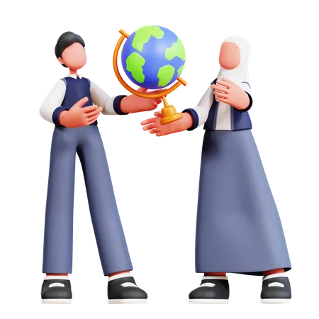 Homme et femme tenant un globe  3D Illustration