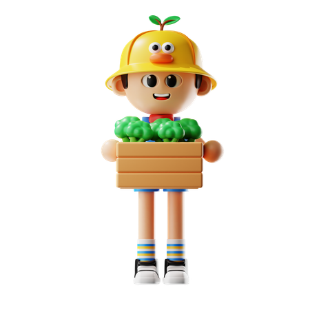 Male Farmer Bring Broccoli Basket  3D Illustration