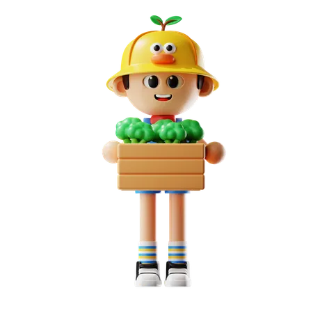 Male Farmer Bring Broccoli Basket  3D Illustration