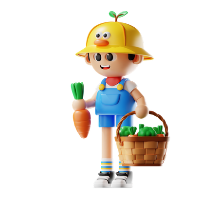 Male Farmer Bring Harvest Basket  3D Icon