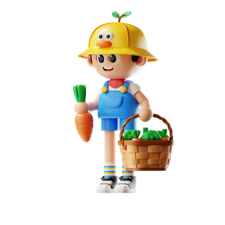 Male Farmer Bring Harvest Basket  3D Illustration